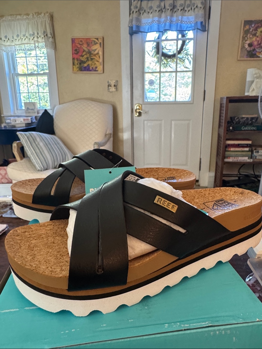 Reef Black Cork Platform Crossover Slide Sandals